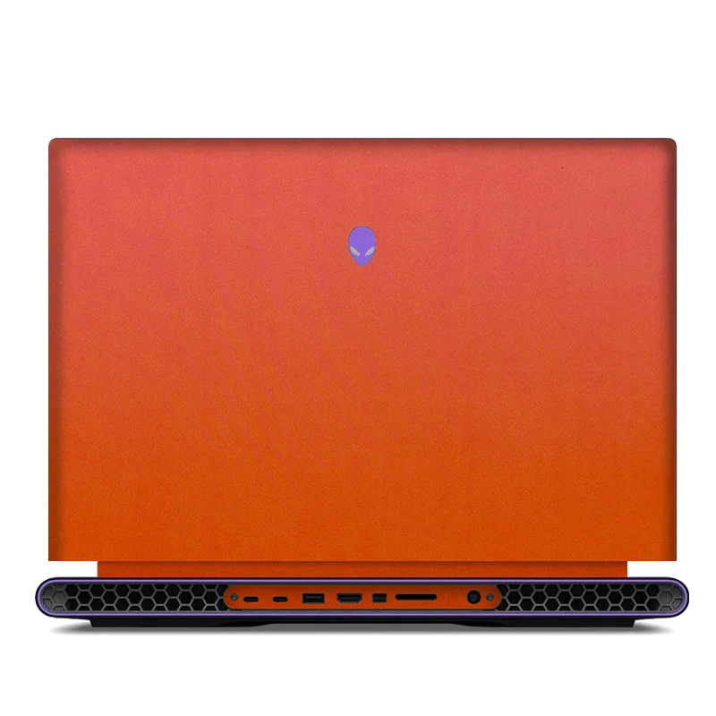 DELL Alienware M18 R1 R2 laptop with orange red plain leather top lid and Alienware logo
