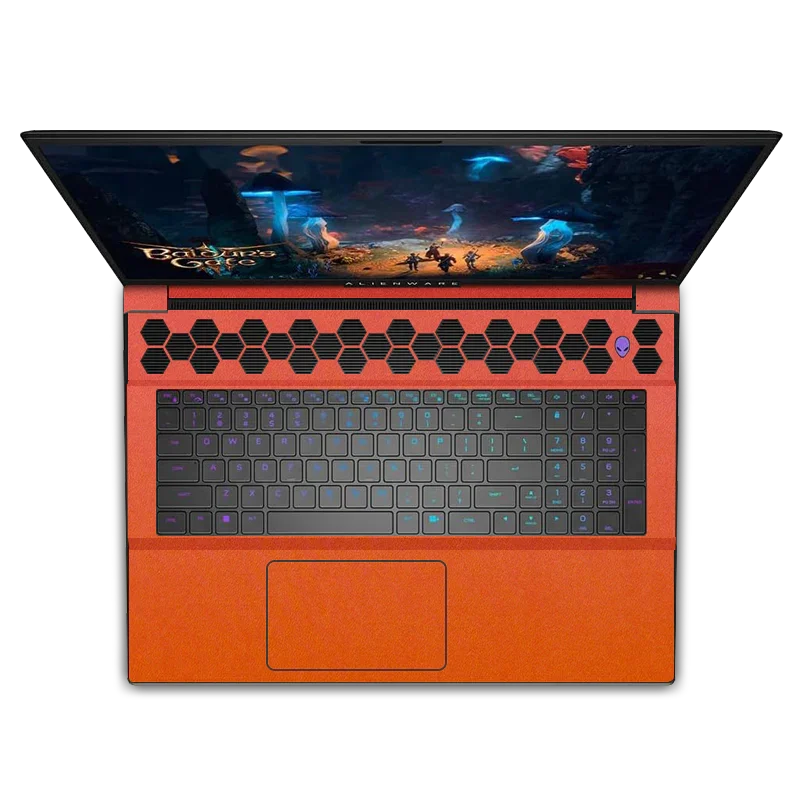 Dell Alienware M18 laptop with orange red leather interior, RGB keyboard, hexagon vents