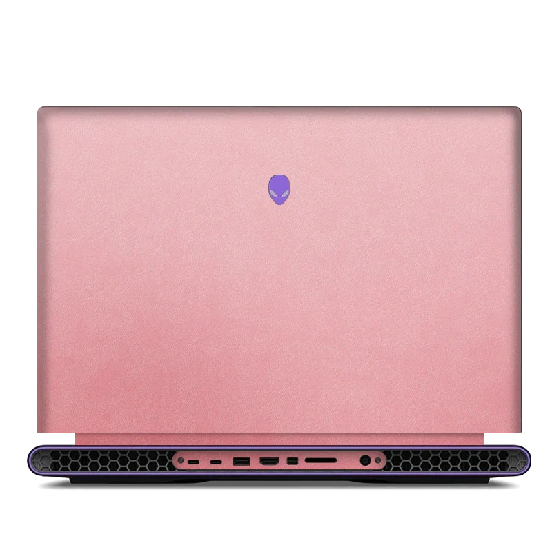 Dell Alienware M18 pink leather laptop top lid with purple alien logo, rear view