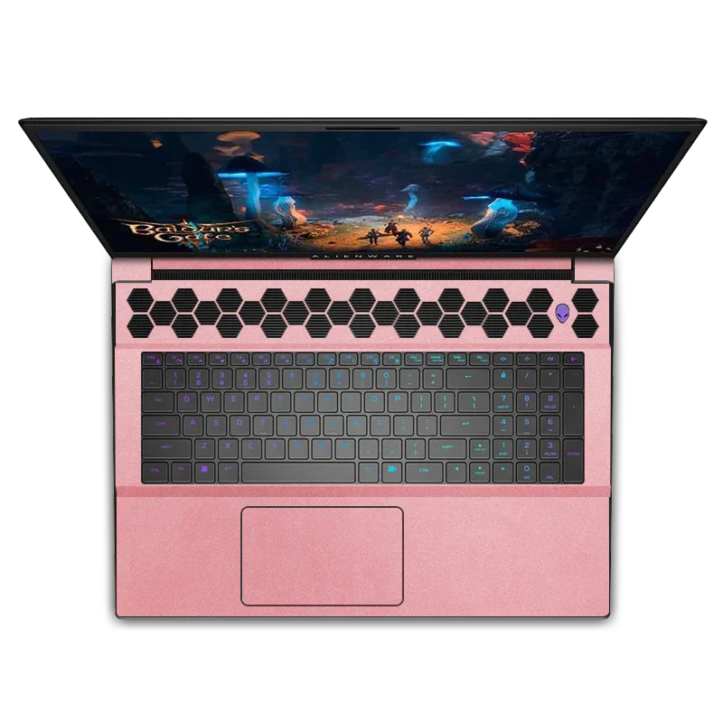 Dell Alienware M18 R1 R2 pink leather gaming laptop with RGB keyboard and hexagonal vents
