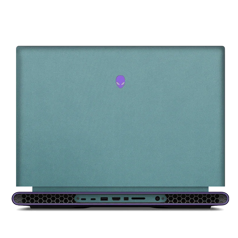 DELL Alienware M18 R1 R2 teal leather top lid with purple alien logo, rear view