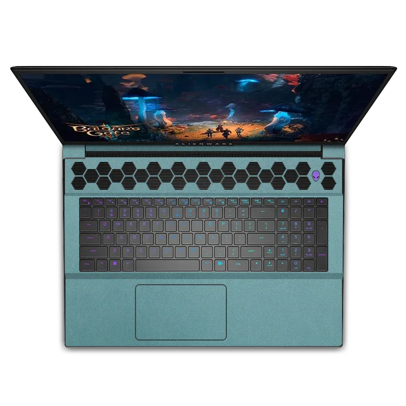 Dell Alienware M18 R1 R2 teal leather interior gaming laptop, top view with colorful keyboard