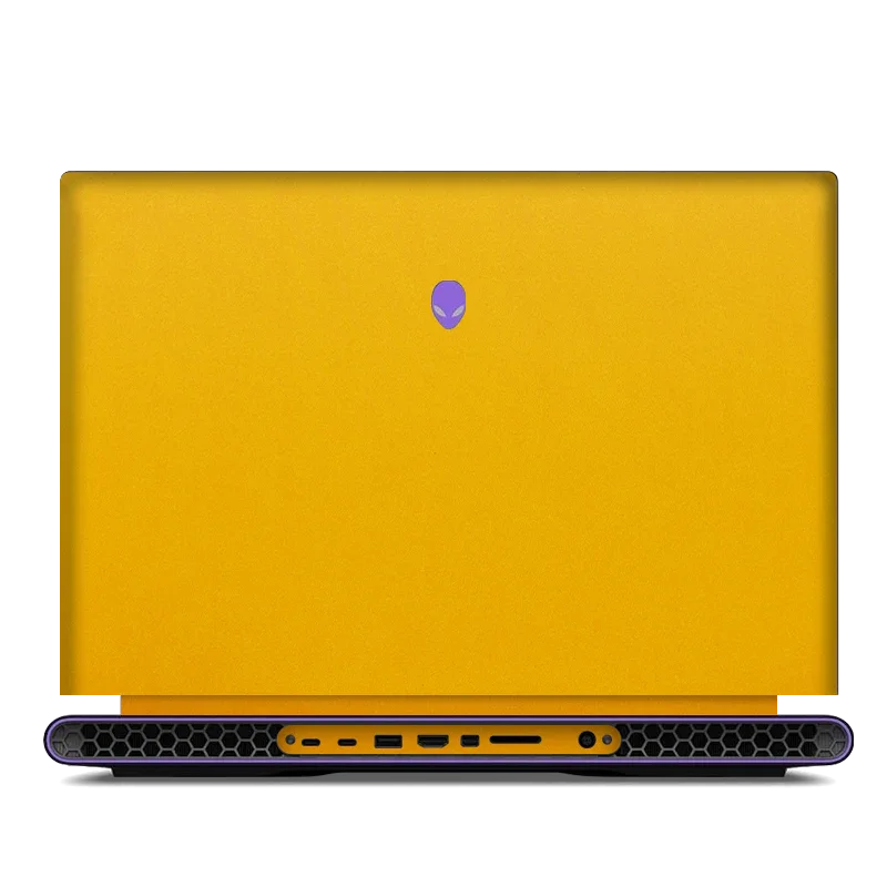 DELL Alienware M18 yellow leather laptop top lid with alien logo, rear ports visible