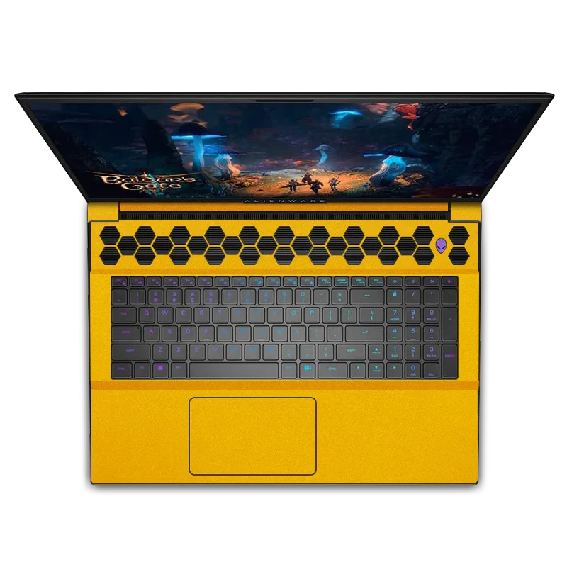 Alienware M18 gaming laptop with yellow leather interior and hexagonal vent design