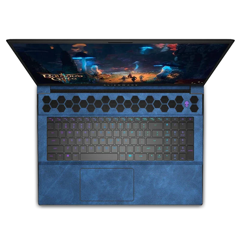 DELL Alienware M18 R1 R2 laptop with blue leather interior and RGB keyboard