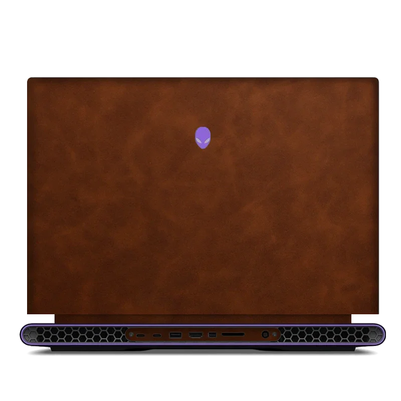 DELL Alienware M18 R1 R2 laptop with coffee brown leather top lid and purple alien logo