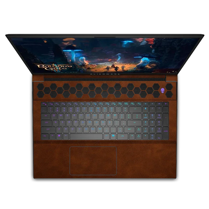Alienware M18 R1 laptop with coffee scrub leather interior and RGB keyboard
