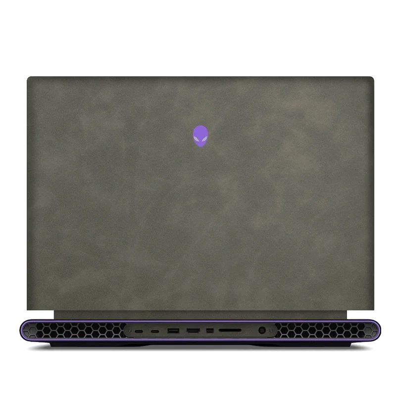 DELL Alienware M18 gray leather top lid with purple alien logo, rear laptop view