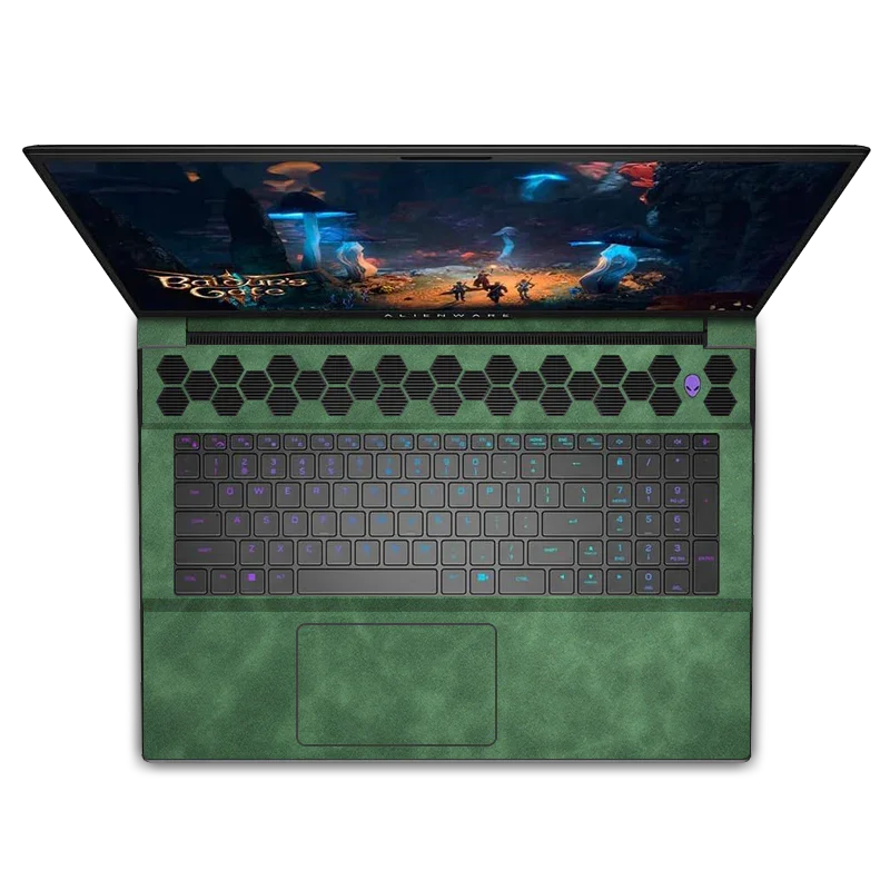Alienware M18 laptop with green leather interior, hexagonal vents, and RGB keyboard