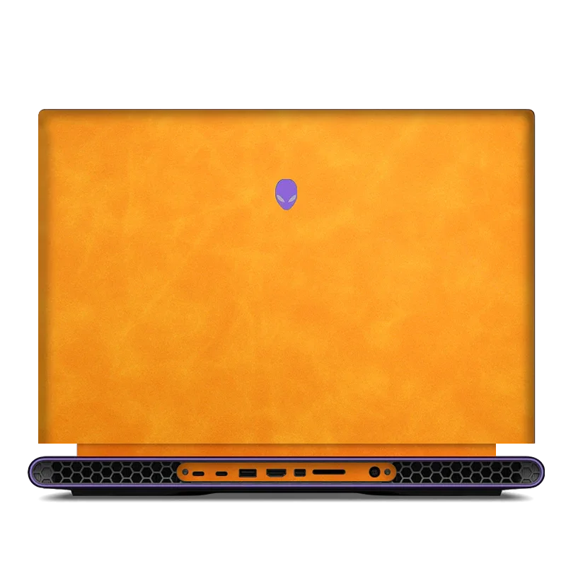 DELL Alienware M18 laptop with orange leather top lid and purple alien logo
