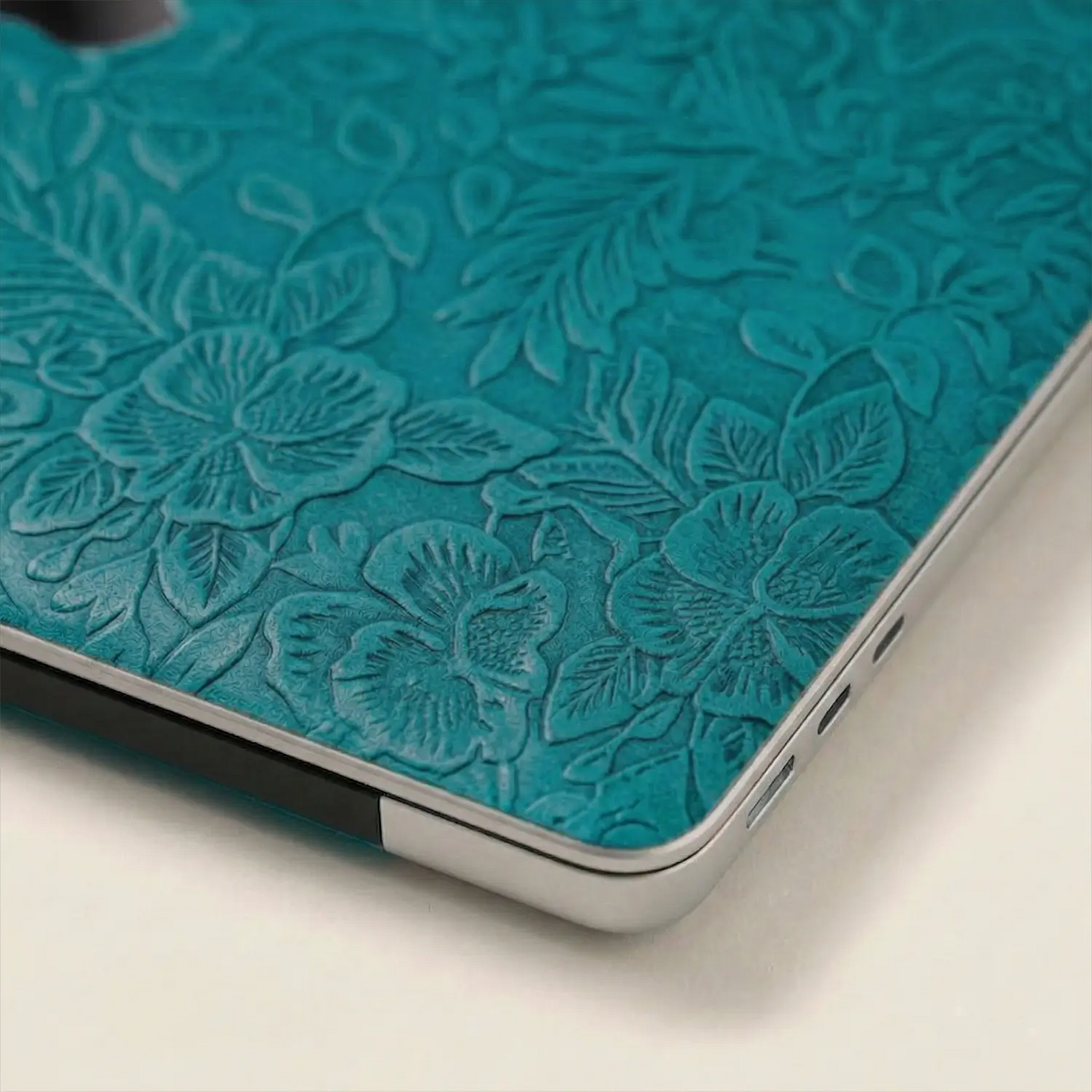 Tropical Teal Hibiscus Embossed Leather MacBook Skin