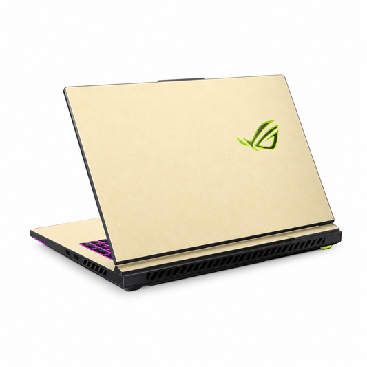 ASUS ROG Strix G18 2025 gold laptop with illuminated ROG logo and RGB keyboard