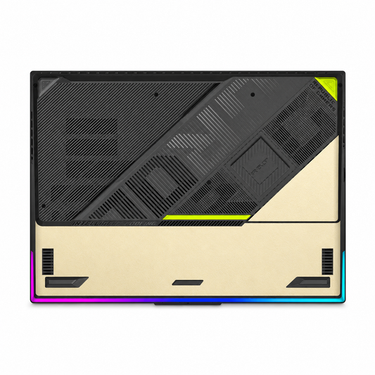 ASUS ROG Strix G18 2025 gold bottom panel with black vents and RGB lighting accents