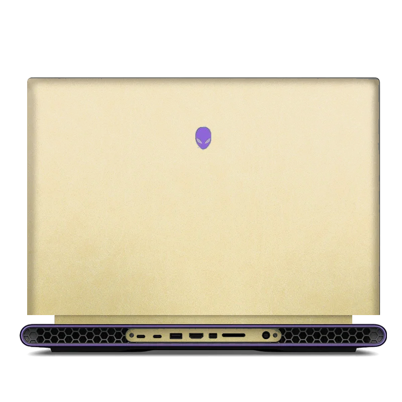 DELL Alienware M18 R1 R2 gold leather top lid with purple Alienware logo, rear ports visible