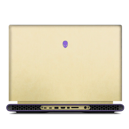 DELL Alienware M18 R1 R2 gold leather top lid with purple Alienware logo, rear ports visible