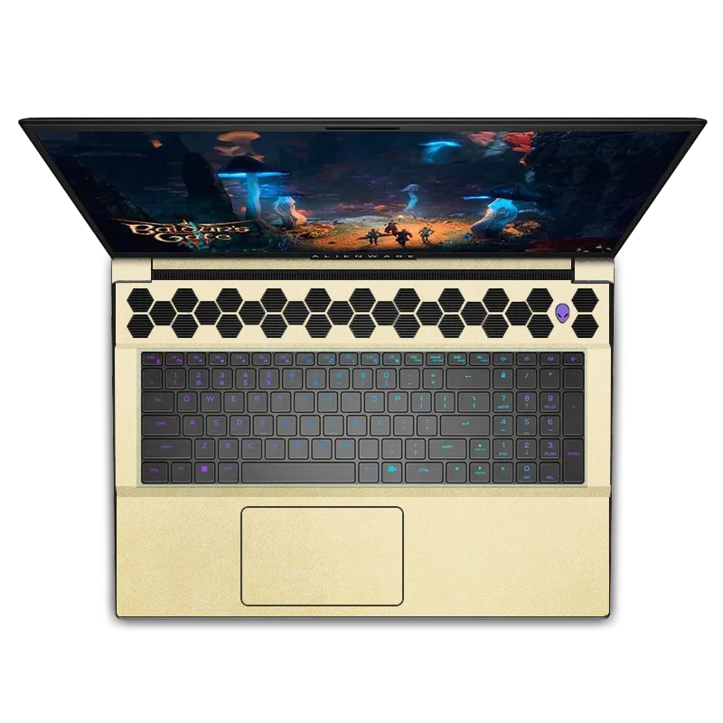 Dell Alienware M18 gold leather interior gaming laptop with RGB keyboard and hexagon vents