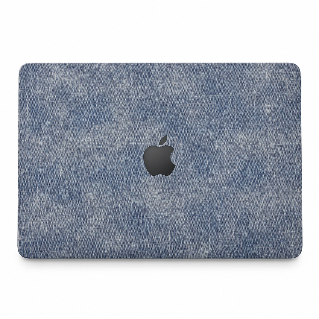 Blue cotton denim fabric MacBook top lid coverage illustration; cut layout varies by model.