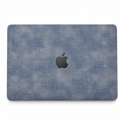Blue cotton denim fabric MacBook top lid coverage illustration; cut layout varies by model.