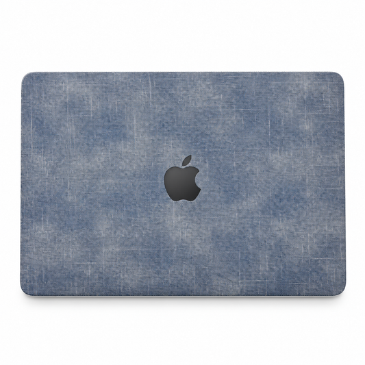 Blue cotton denim fabric MacBook top lid coverage illustration; cut layout varies by model.