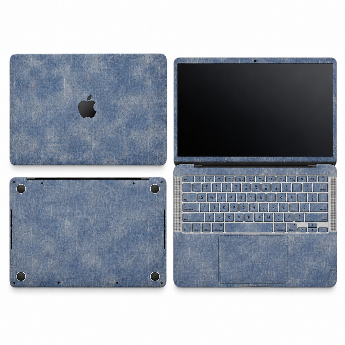 Blue cotton denim fabric MacBook skin coverage illustration: top lid, screen edge, inside and bottom, with matching keycap stickers.