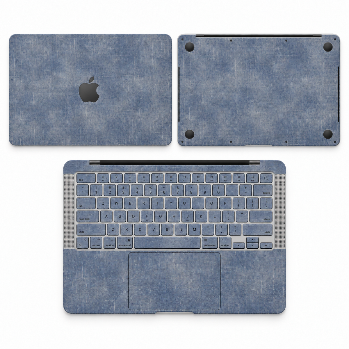Blue cotton denim fabric MacBook skin coverage illustration: top lid, inside and bottom, with matching keycap stickers.
