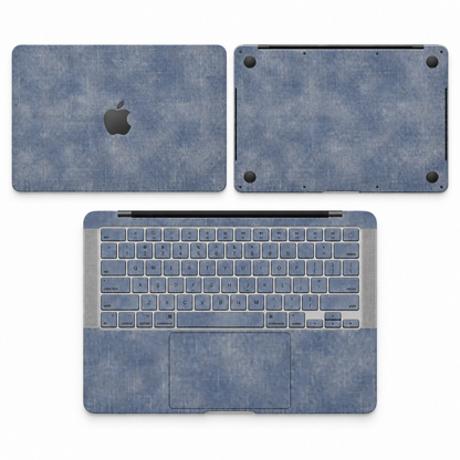 Blue cotton denim fabric MacBook skin coverage illustration: top lid, inside and bottom, with matching keycap stickers.