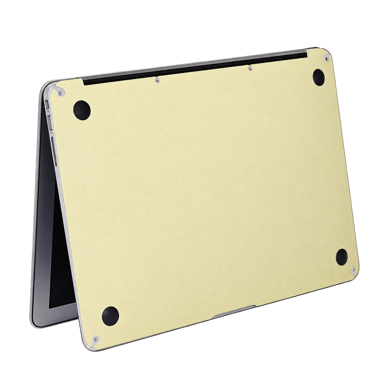AI-assisted champagne gold MacBook skin visualisation showing the bottom wrap with clear rubber feet. Cut layout varies by model.