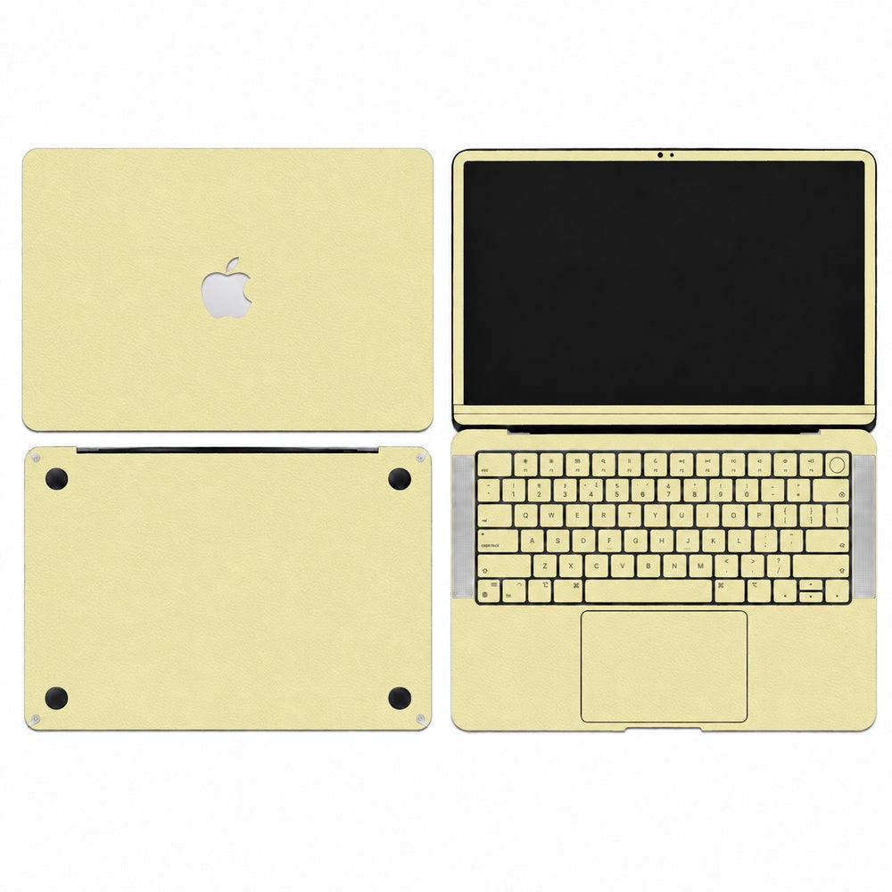 AI-assisted champagne gold MacBook skin coverage illustration: top lid, inside with keycap and power-key stickers, bottom and screen edge. Cut layout varies by model.