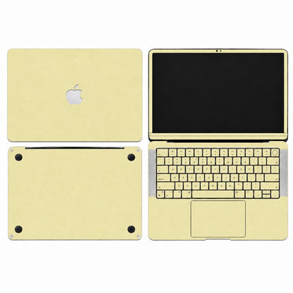 AI-assisted champagne gold MacBook skin coverage illustration: top lid, inside with keycap and power-key stickers, bottom and screen edge. Cut layout varies by model.