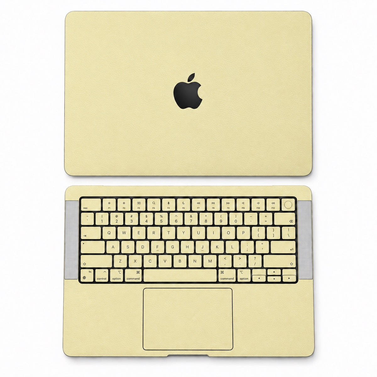 AI-assisted champagne gold MacBook skin coverage illustration: top lid and inside, including keycap and power-key stickers. Cut layout varies by model.
