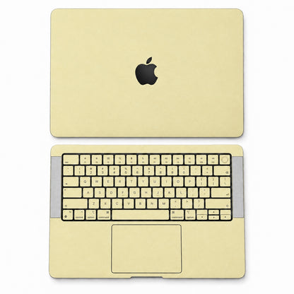 AI-assisted champagne gold MacBook skin coverage illustration: top lid and inside, including keycap and power-key stickers. Cut layout varies by model.