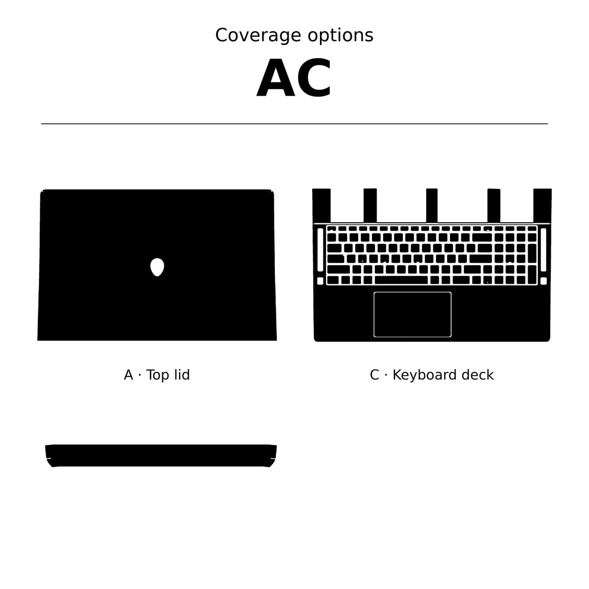 AC coverage diagram for an Alienware 18 Area-51 (2025), showing the top lid, keyboard deck, individual keycaps and touchpad as black shapes on white.