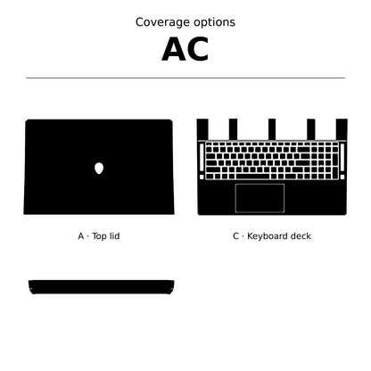 AC coverage diagram for an Alienware 18 Area-51 (2025), showing the top lid, keyboard deck, individual keycaps and touchpad as black shapes on white.
