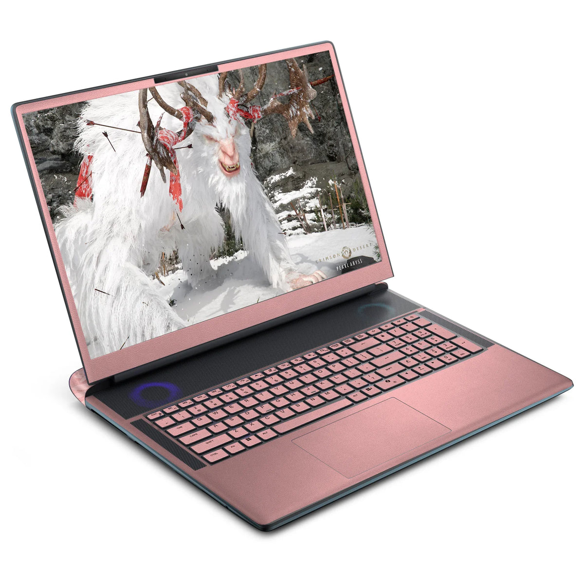 Front three-quarter view of an open Alienware 18 Area-51 (2025) with Blush Pink skin on the screen bezel, keyboard deck, palm rest and touchpad.