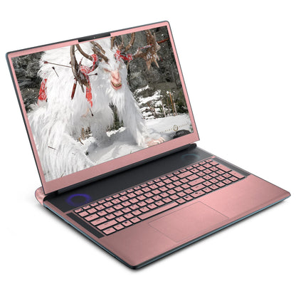 Front three-quarter view of an open Alienware 18 Area-51 (2025) with Blush Pink skin on the screen bezel, keyboard deck, palm rest and touchpad.