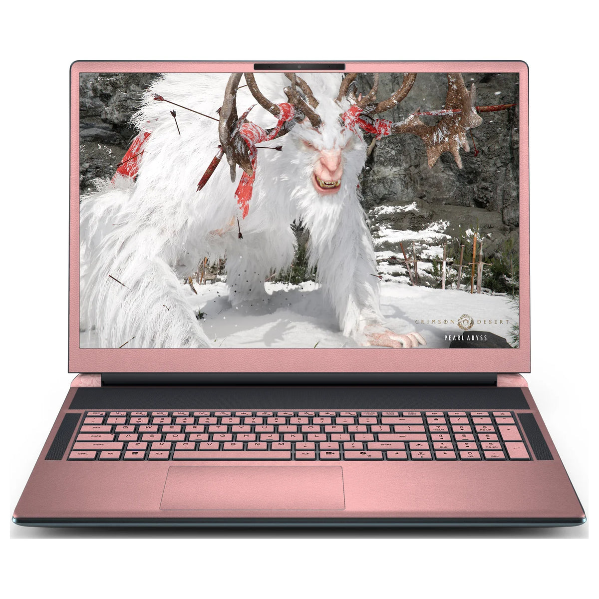 Front view of an open Alienware 18 Area-51 (2025) with Blush Pink skin on the screen bezel, keyboard keys, palm rest and touchpad.