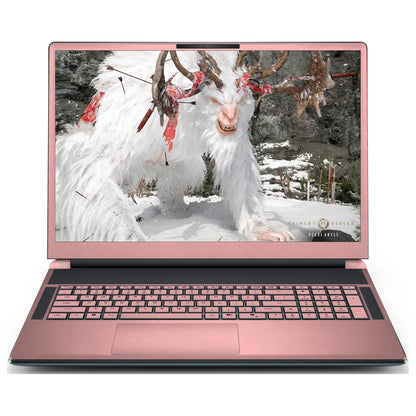 Front view of an open Alienware 18 Area-51 (2025) with Blush Pink skin on the screen bezel, keyboard keys, palm rest and touchpad.