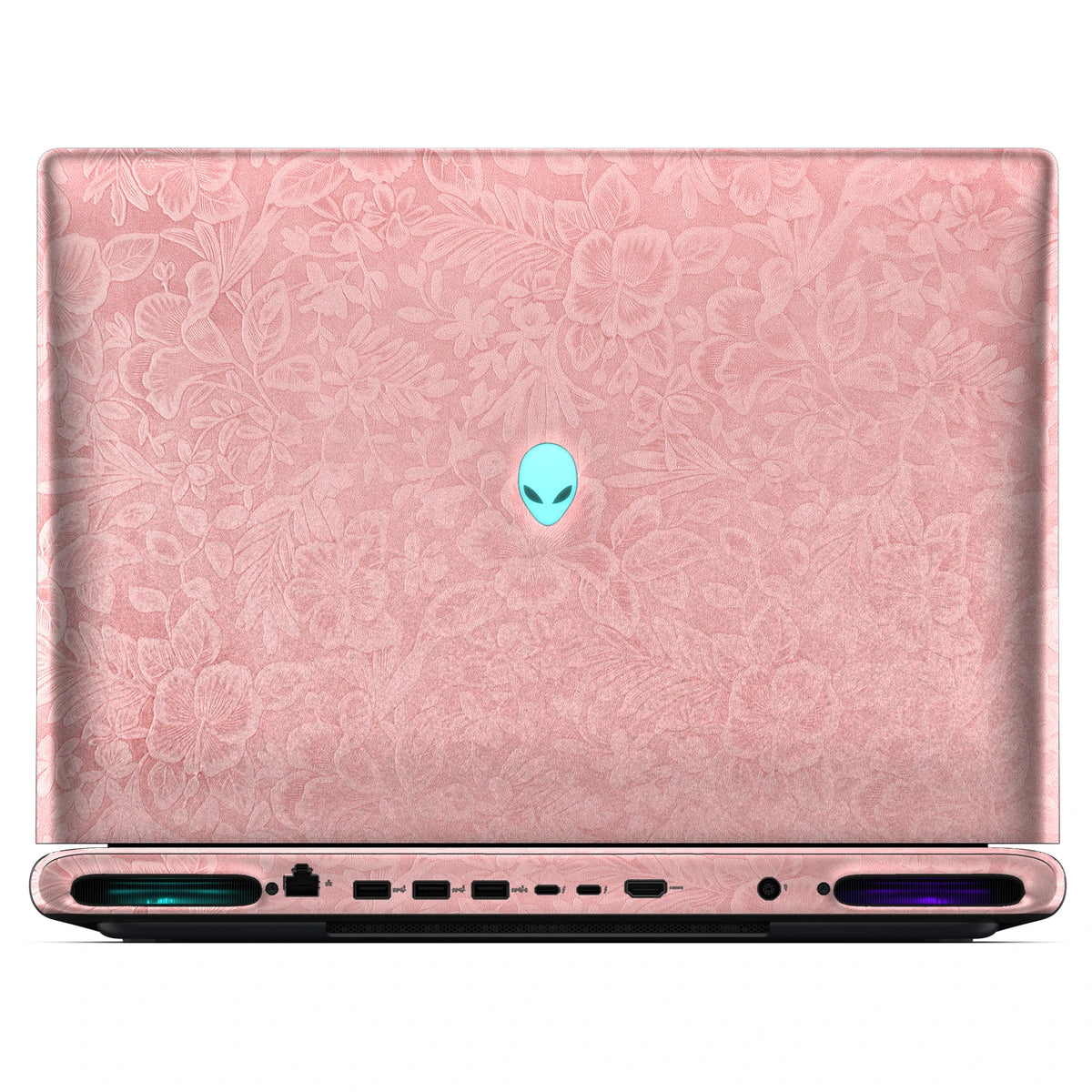 Rear view of an open Alienware 18 Area-51 (2025) with Blush Pink Hibiscus skin, showing the floral outer lid, rear ports and vents.