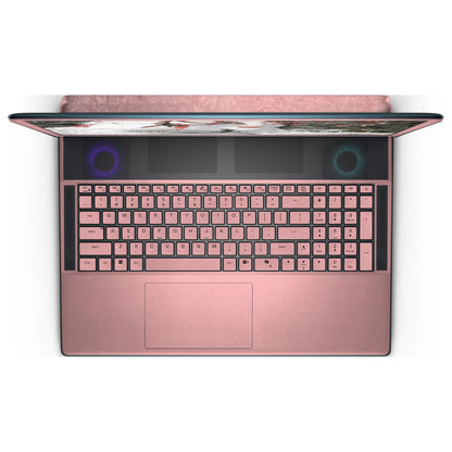 Top view of an open Alienware 18 Area-51 (2025), showing the Blush Pink keyboard keys, palm rest and touchpad skin below the dark upper grille.