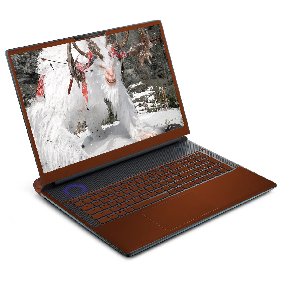 Front three-quarter view of an open Alienware 18 Area-51 (2025) with Classic Brown skin on the screen bezel, keyboard deck, palm rest and touchpad.