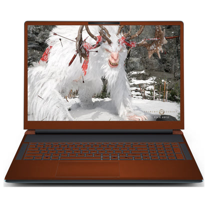 Front view of an open Alienware 18 Area-51 (2025) with Classic Brown skin on the screen bezel, keyboard keys, palm rest and touchpad.