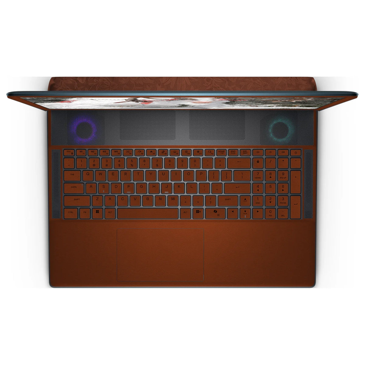 Top view of an open Alienware 18 Area-51 (2025), showing the Classic Brown keyboard keys, palm rest and touchpad skin below the dark upper grille.