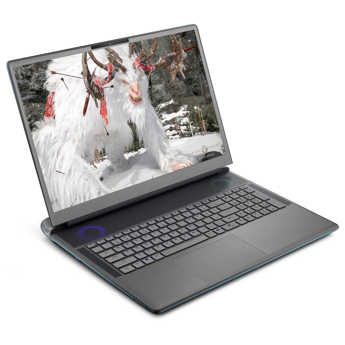Front three-quarter view of an open Alienware 18 Area-51 (2025) with Classic Gray skin on the screen bezel, keyboard deck, palm rest and touchpad.