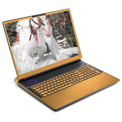 Front three-quarter view of an open Alienware 18 Area-51 (2025) with Sunny Yellow skin on the screen bezel, keyboard deck, palm rest and touchpad.