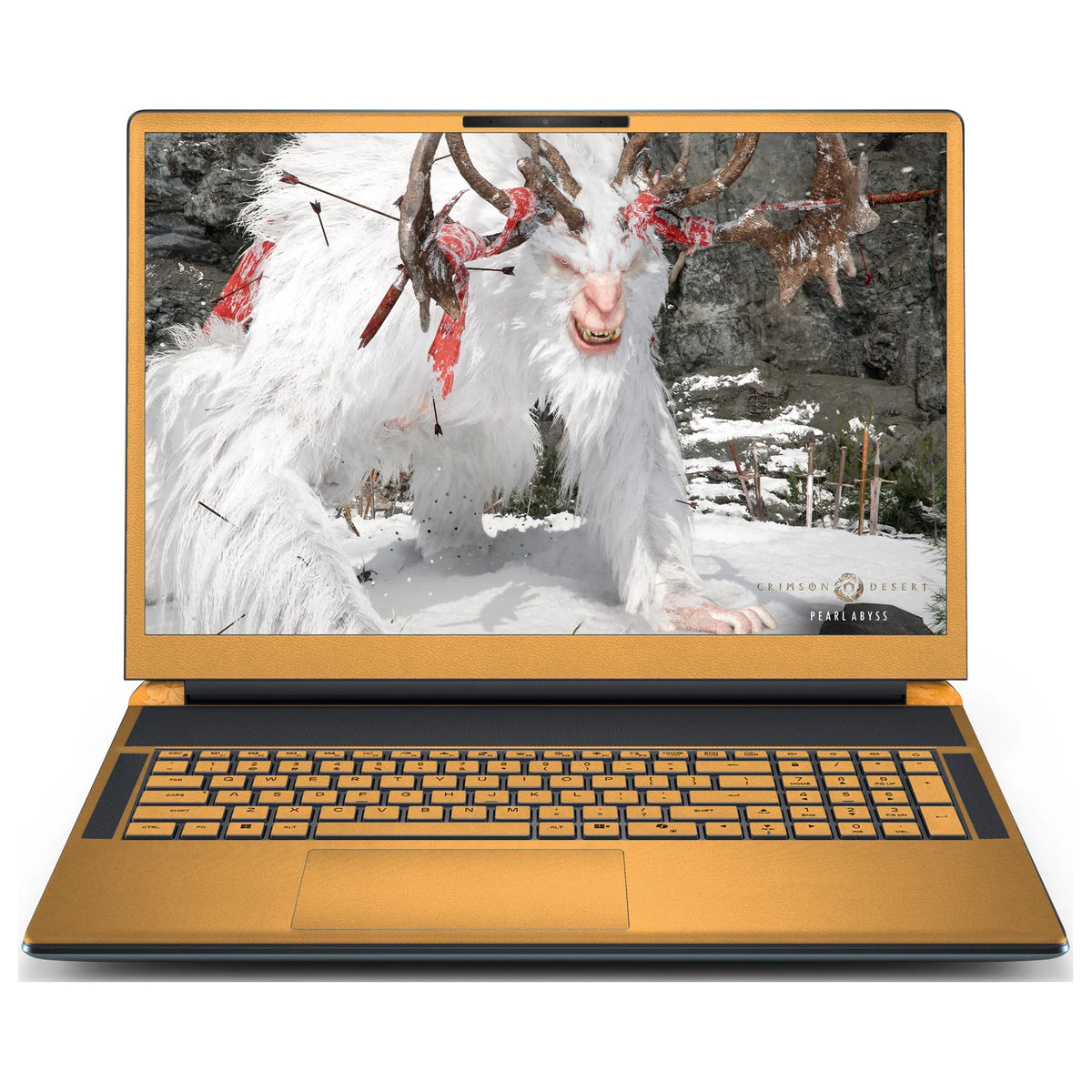 Front view of an open Alienware 18 Area-51 (2025) with Sunny Yellow skin on the screen bezel, keyboard keys, palm rest and touchpad.