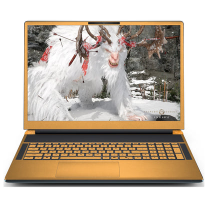 Front view of an open Alienware 18 Area-51 (2025) with Sunny Yellow skin on the screen bezel, keyboard keys, palm rest and touchpad.