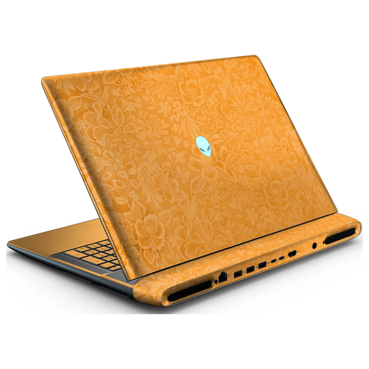 Rear left three-quarter view of an open Alienware 18 Area-51 (2025) with Sunny Yellow Hibiscus skin, showing the floral lid and keyboard deck to the left.