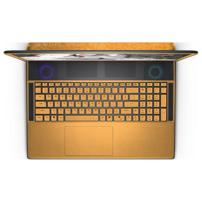Top view of an open Alienware 18 Area-51 (2025), showing the Sunny Yellow keyboard keys, palm rest and touchpad skin below the dark upper grille.