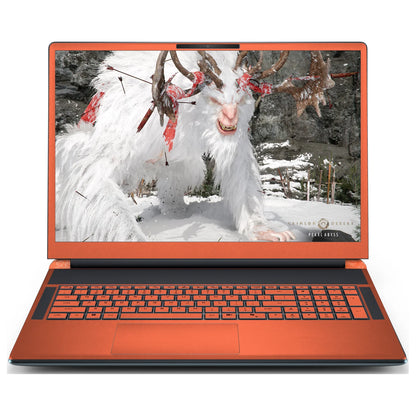 Front view of an open Alienware 18 Area-51 (2025) with Sunset Orange skin on the screen bezel, keyboard keys, palm rest and touchpad.