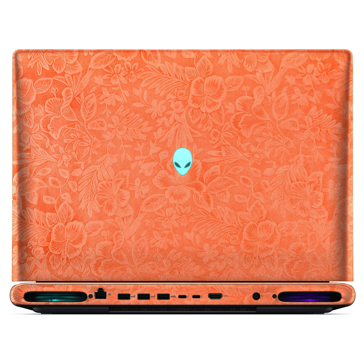 Rear view of an open Alienware 18 Area-51 (2025) with Sunset Orange Hibiscus skin, showing the floral outer lid, rear ports and vents.